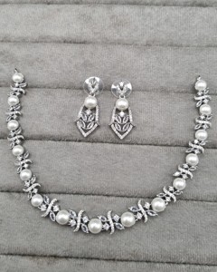 <b>Pearl</b> Studded American Diamond Collar <b>Necklace</b> <b>Set</b> With Earrings Marquise Cut Stone Sparkling AD Jewelry <b>Set</b> For Party Wholesale - Product Image 2