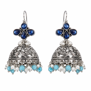 Pendientes Colgantes Jhumka Indios Clásicos de Plata Oxidada al por Mayor con Zafiro y Calcedonia, Joyería Boho para Mujer, Directo de Fábrica - Product Image 2