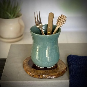 Artisan Ceramic <b>Utensil</b> Holder Curved Silhouette Reactive Glaze Kiln Fired Heat Resistant Durable Kitchen Counter Organizer - Product Image 4