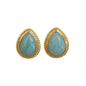Boucles d'oreilles clous unisexes en laiton plaqué or 18 carats, forme goutte d'eau, serties d'Amazonite classique, sur mesure, pour anniversaire - Product Image 1