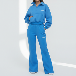 Ensemble 2 pièces bleu électrique pour femme : Sweat à capuche court zippé et pantalon de survêtement évasé taille haute en molleton - Product Image 5
