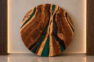 Mesa de centro redonda de madera natural con resina, borde natural, muebles contemporáneos para sala de estar, diseño artesanal duradero para interiores. - Product Image 3