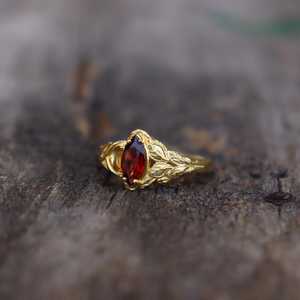 Leaves Inspired Marquise Cut Red <b>Garnet</b> <b>Ring</b> 925 Sterling <b>Silver</b> 14K Gold Plated Handmade Natural Gemstone <b>Ring</b> - Product Image 3