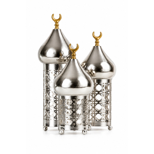 Decoración Plateada para Ramadán, Torre Minarete de Metal Martillado, Decoración Islámica para el Hogar, Adorno de Luna Creciente para Eid Mubarak - Product Image 2