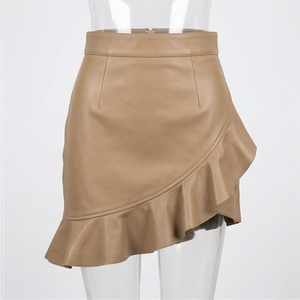 Women High Waist Faux Leather Mini Skirt <b>Asymmetrical</b> Ruffles Solid Color Shiny Design All Seasons Style - Product Image 1