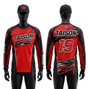 เสื้อเจอร์ซีย์มอเตอร์ไซค์หนังพรีเมียม 220 GSM สีแดงดำ ดีไซน์ลายแผง พิมพ์ลายแบบ Sublimation รับทำโลโก้ตามสั่ง ทรงเข้ารูปสำหรับแข่งรถ - Product Image 1