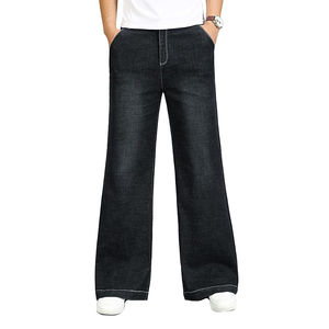 Pantalones Vaqueros Negros de Mezclilla Pesada con Lavado Ácido para Hombre, Nuevo Diseño, Corte Acampanado, Cintura Media, Cierre Elástico - Product Image 1