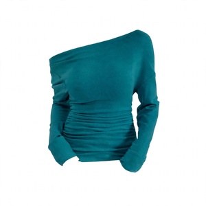 One Shoulder Ruched Long Sleeve Tee Teal Slouchy Top Asymmetrical <b>Neckline</b> Casual Slim Fit Street wear Women Fashion Apparel - Product Image 1