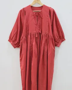 Elegant Coral Red Cotton Plain Maxi <b>Dress</b> With Tie Neck Puff Sleeve <b>Loose</b> Fit Women's Casual Summer <b>Dress</b> - Product Image 3