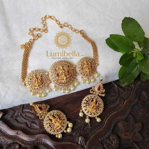Lakshmi Devi Women's Anniversary Gold Plated Alloy Short Necklace and Earring Jewelry Set - Product Image 3