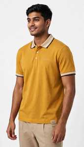 Chemise décontractée à manches longues pour homme, tricotée, imprimée par transfert thermique, rayée, jaune moutarde, col boutonné, 200g, teinte en fil - Product Image 3