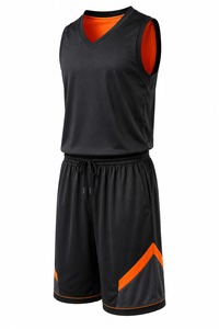 Ensemble de maillots de basket-ball unisexe noir et orange, manches courtes, col en V, maille respirante, nom d'équipe personnalisé, impression par transfert thermique - Product Image 5
