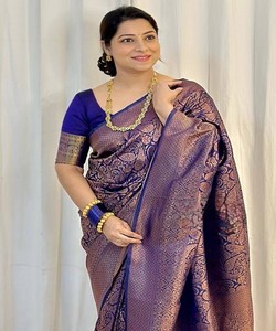 SAREE DE SEDA LICHI CON TRABAJO DE JACQUARD, EL MÁS SELECCIONADO, CON BLUSA SIN COSTURAR, PARA FIESTAS, PRECIO AL POR MAYOR, PRENDAS ÉTNICAS 84793 AZUL MARINO - Product Image 3