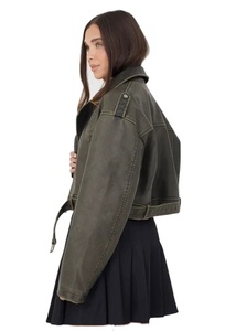 Women's <b>Cropped</b> Sheep Skin PU Eco-Friendly Waterproof Biker <b>Jacket</b> Zipper Closure Stand Collar Full Sleeve Moto Style Autumn - Product Image 2