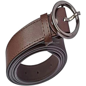 หัวเข็มขัดทรงกลมแบบปรับได้สำหรับผู้ชายหนังแท้สีน้ำตาลยอดนิยมเข็มขัดลำลองหนังแท้แบบเย็บทนทานและโบราณ - Product Image 2