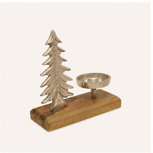 Handcrafted Silver Metal Christmas Tree <b>Tea</b> Light Holder With Solid Wooden Base Rustic Aluminum Holiday Candle <b>Stand</b> For Table - Product Image 5