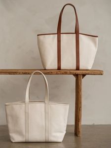 Sac fourre-tout en toile beige grande capacité, sac à main à bandoulière avec sangle en cuir, idéal pour les voyages et l'usage quotidien - Product Image 1