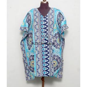 Vestido Kaftán Corto Ajustado con Cuello en V, Estampado Floral Indio, de Algodón Ecológico, para Mamás, Ropa de Playa, Ropa de Dormir, Estilo Casual Vintage de Invierno - Product Image 1