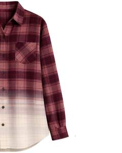 Camisa de Franela a Cuadros Ombre Borgoña para Mujer, Personalizada por el Fabricante, Manga Larga, con Botones, Informal, Mezcla de Algodón, para Otoño e Invierno - Product Image 3