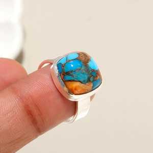 Wholesale Handmade 925 Sterling Silver Plated Blue Copper Turquoise Cushion <b>Statement</b> <b>Ring</b> Boho Vintage Opaque Gemstone Jewelry - Product Image 5