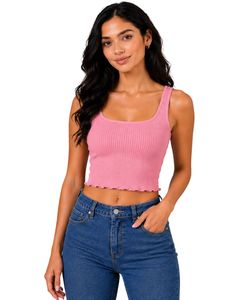 Top corto acanalado rosa para mujer, sin mangas, cuello cuadrado, ajustado, de punto, algodón elástico, informal, de verano, personalizado, chaleco para mujer - Product Image 1