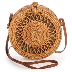 Round Rattan Crossbody <b>Bag</b> <b>for</b> <b>Women</b> Bohemian Wicker <b>Bucket</b> Handbag with Leather Strap - Product Image 4
