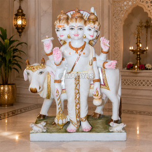 Premium Marble Dattatreya Statue | Handcrafted White Marble Lord Dattatreya Murti with Kamadhenu Cow | MALIYAS Jaipur - Product Image 1