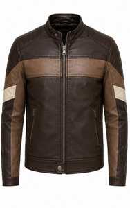 Chaqueta de Motociclista de Cuero para Hombre con Bloques de Color, Cuello Alto y Cierre de Cremallera - Product Image 3