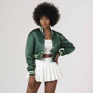 Veste universitaire en satin vert avec bordure blanche, col rabattu, manches classiques, style preppy, longueur courte, vêtement d'automne - Product Image 4