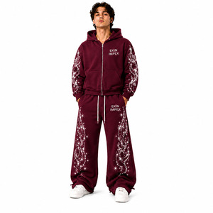 Men's Women's Premium Maroon Burgundy Crystal Rhinestone <b>Star</b> Sparkle Flame Sweatsuit <b>Set</b> Full Zip Hoodie Wide Leg Baggy Jogger - Product Image 1