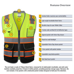 Hi Visibility Breathable Polyester Safety Vest with Reflective Stripes and <b>Multiple</b> Pockets Unisex Workwear - Product Image 4