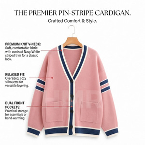 HMR Sorority Pink Acrylic Knitted V-Neck Cardigan With Navy White Stripe Trim And Dual Pockets Long Sleeve Classic Style - Product Image 5