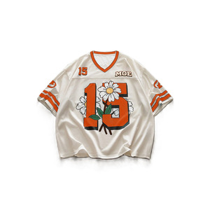 Maillot de football américain streetwear ample à col en V, imprimé floral beige personnalisé, maille graphique orange, style hip-hop, fabrication OEM/ODM - Product Image 1