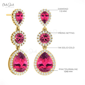 Hot Selling 10x8mm Pear Cut Pink Tourmaline <b>Dangle</b> Drop <b>Earrings</b> 14k Solid <b>Gold</b> Diamond Halo <b>Earrings</b> Wholesale Products in Bulk - Product Image 5
