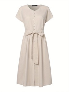 Robe midi en lin, col rond, manches courtes, coupe ample, couleur unie, respirante, décontractée, robe d'été pour femmes - Product Image 2