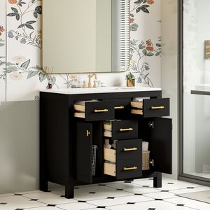 Ensemble combiné de vanité de salle de bain moderne de 36 ''4 tiroirs 2 armoires en bois massif autoportant armoire de rangement de salle de bain simple vanité noire - Product Image 1