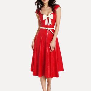 Red PU Leather Midi <b>Dress</b> With White Bow Cap Sleeve A-Line Vintage Party Wear Fitted Sweetheart Neck Solid Color - Product Image 1