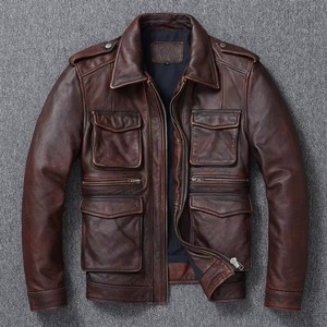 Chaqueta de Motociclista de Cuero Genuino Marrón para Hombre, Cuello Camisero, Cierre de Cremallera, Corte Regular, Color Sólido, Ropa de Otoño, Prenda Exterior para Motociclismo - Product Image 1