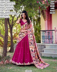 Ensemble Lehenga Choli traditionnel indien Varnika, dupatta Bhandhani, soie Vichitra, imprimé Kalamkari, longueur au sol, vêtements ethniques pour femmes - Product Image 5