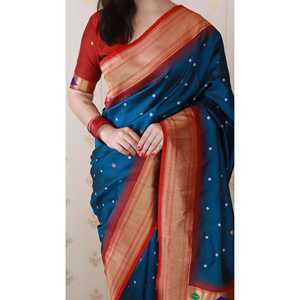 Sari en soie tissée Bandhani bleu denim avec zari, vêtements indiens et pakistanais par Elite Weaves 650g - Product Image 5