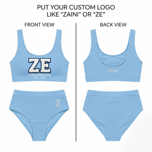 Traje de Baño para Mujer, Premium, 220 GSM, Nailon y Spandex, Tejido Acanalado, Azul, Dos Piezas, Bikini de Cintura Alta, con Logotipo Bordado Personalizado - Product Image 1