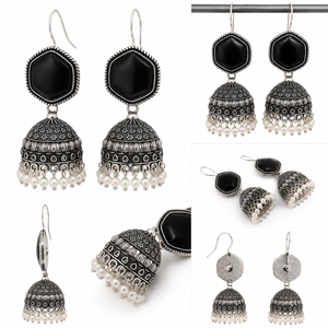 Boucles d'oreilles Jhumka en argent oxydé faites à la main avec pierres noires et perles pour femmes - Fournisseur en gros - Product Image 6