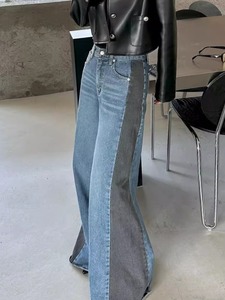 Venta al por mayor: Jeans de mujer de cintura alta, versátiles, de pierna ancha, con diseño retro de empalme de colores en contraste, otoño 2026 - Product Image 3
