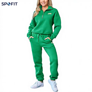 Women's Half <b>Zip</b> Fleece Eco-Friendly Breathable Solid Lounge Tracksuit Set Heavyweight Cotton 220g Two Piece Casual Wear Autumn - Product Image 5