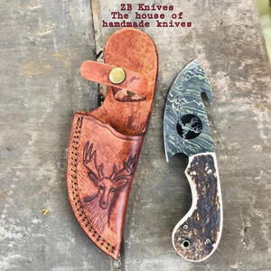 Cuchillo de caza OEM Wirecut de acero de Damasco, tipo Skinner, con mango de asta de ciervo, hoja fija, para camping, actividades al aire libre y EDC, con funda de cuero. - Product Image 2