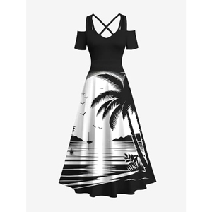 Conjunto de Pareja con Estampado de Palmeras Tropicales al por Mayor - Atuendo Monocromático para Resort con Vestido Midi Asimétrico de Tirantes - Product Image 4