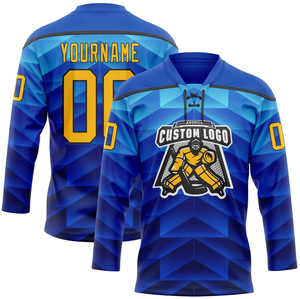 Maillots de hockey sur glace personnalisés haut de gamme, bleus, à motif géométrique, sublimés, pour l'entraînement, anti-humidité, de haute qualité, pour équipes de hockey - Product Image 2