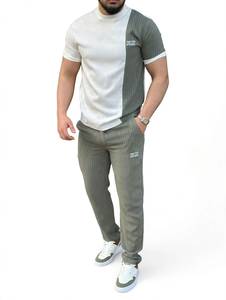 ONETEN APPAREL Ensemble de t-shirts à col rond pour homme, couleur contrastée, hiver, avec pantalon rayé, tenue décontractée en deux pièces - Product Image 3