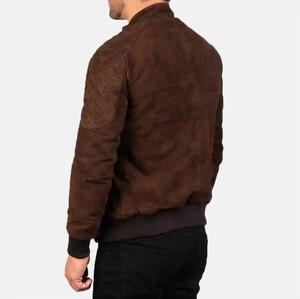 Blouson bomber en daim marron pour homme, col montant, fermeture éclair, style moto, vêtement d'automne, coupe classique, couleur unie - Product Image 3