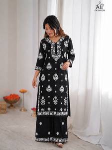 <b>Women</b> Brown Floral Chikankari Embroidery Rayon <b>Kurti</b> Palazzo Set Regular Length Casual Traditional Indian All Seasons Outfit - Product Image 2